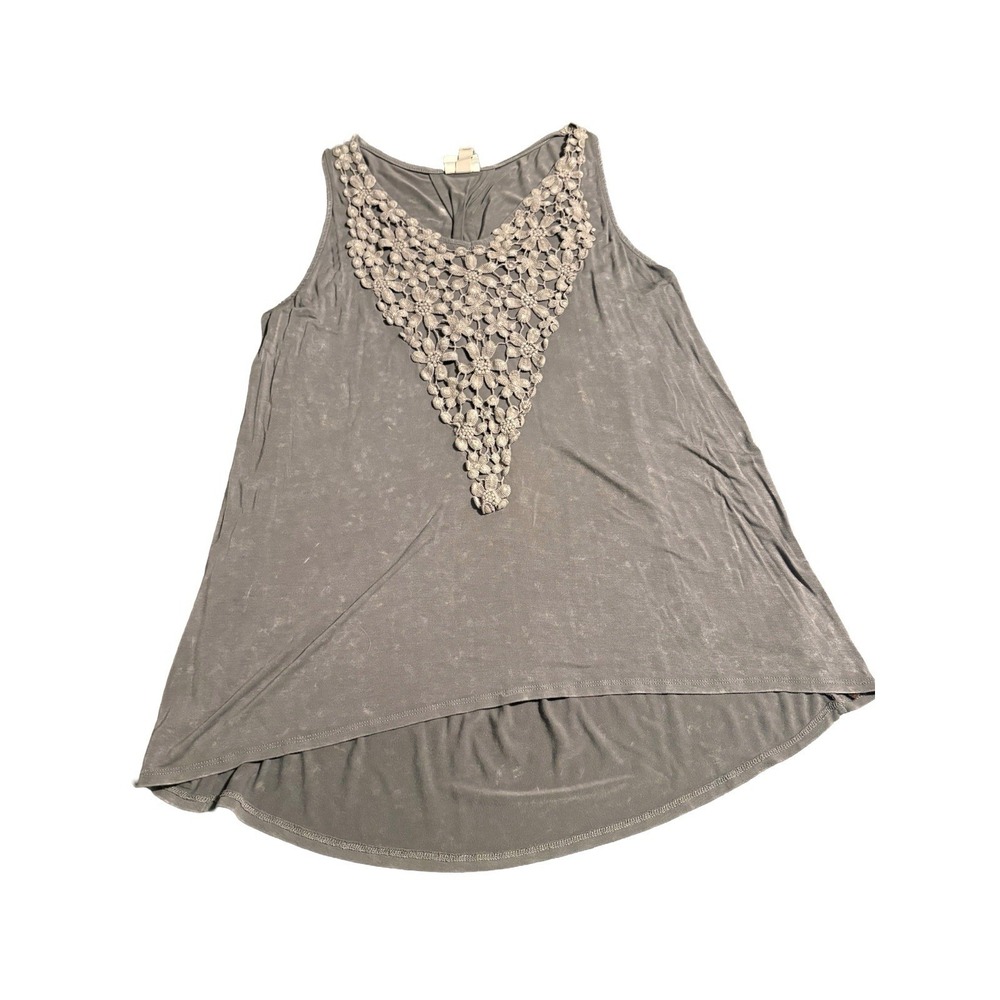 Knox Rose Gray Acid Washed Floral Lace Tank Women's Large Crochet V-Neck Flowy